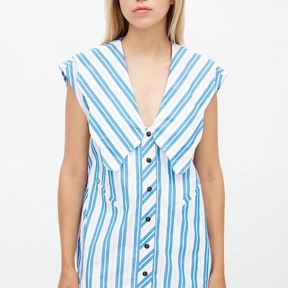 Ganni Blue & White Striped Sleeveless Button-Front Top L/XL
